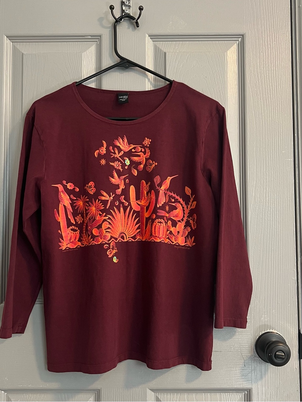 Sabaku artwear Women's Maroon Tee Orange Floral Hummingbird Cactus Graphic